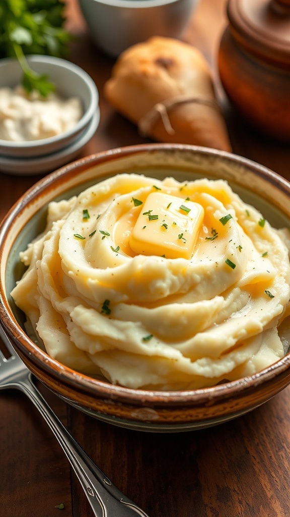Creamy mashed potatoes with butter and herbs in a rustic bowl on a wooden table.